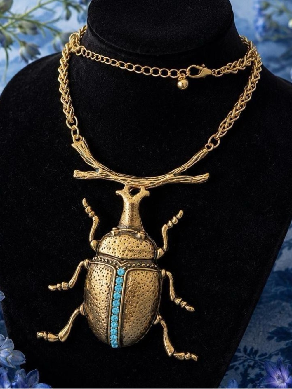 Gold Beetle Pendant Necklace with Turquoise Accents - Women Jewelry